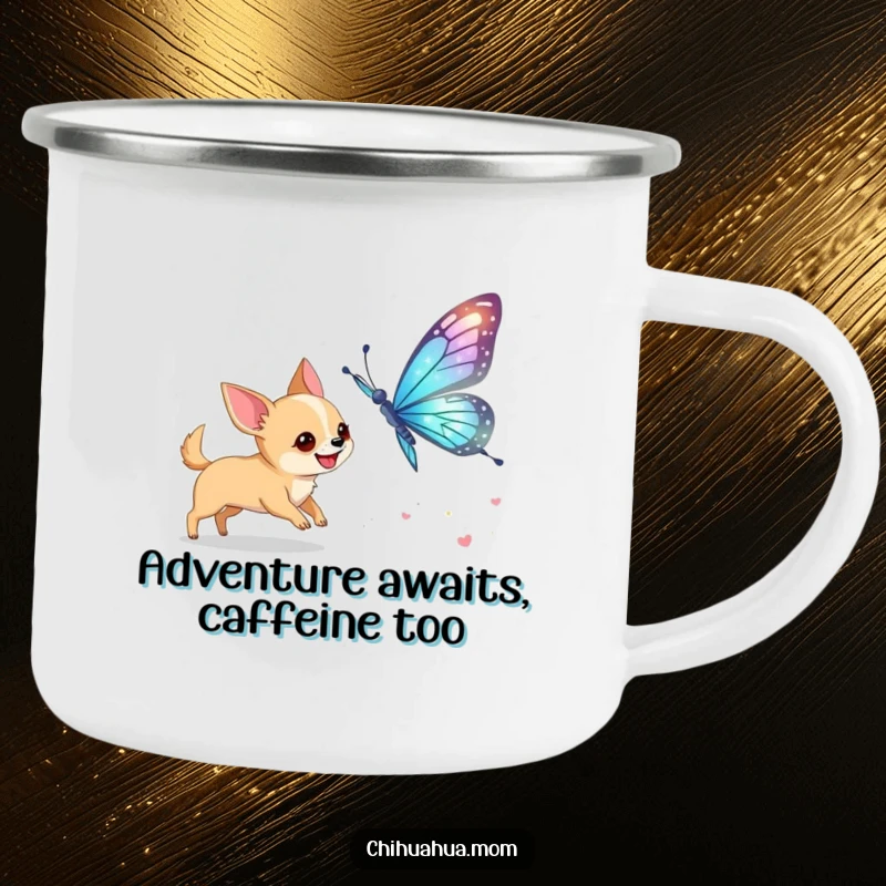 Funny Chihuahua Butterfly Camping Mug: A dog excitedly chases a giant butterfly. Rugged and humorous.
