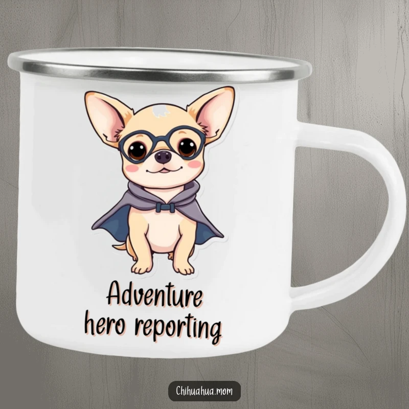 Funny Chihuahua Camping Mug: A chihuahua in a superhero cape, ready for adventure, perfect for hot drinks by the campfire.