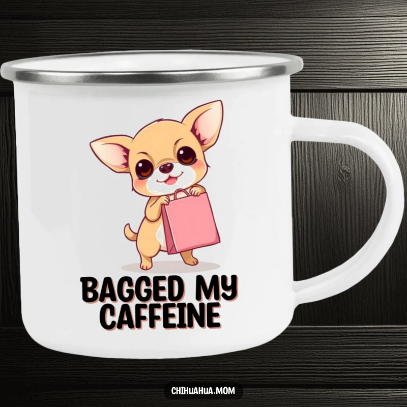Funny Chihuahua Camping Mug: A small dog humorously attempts to carry a tiny shopping bag on an outdoor adventure.