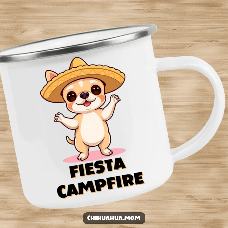 Funny Chihuahua Camping Mug: A cute chihuahua in a sombrero dances the flamenco, perfect for outdoor drinks and festive moments.