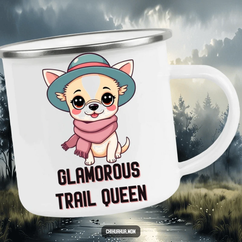Funny Chihuahua Lady Camping Mug: Kawaii character in a fashionable hat and scarf, ready for any outdoor escapade. Great funny gift.