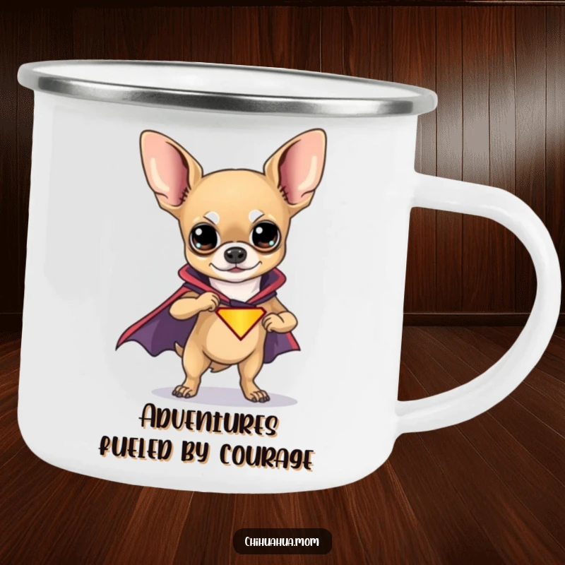 Funny Chihuahua Superhero Camping Mug showing a brave chihuahua in a cape, ready for any outdoor funny escapade.
