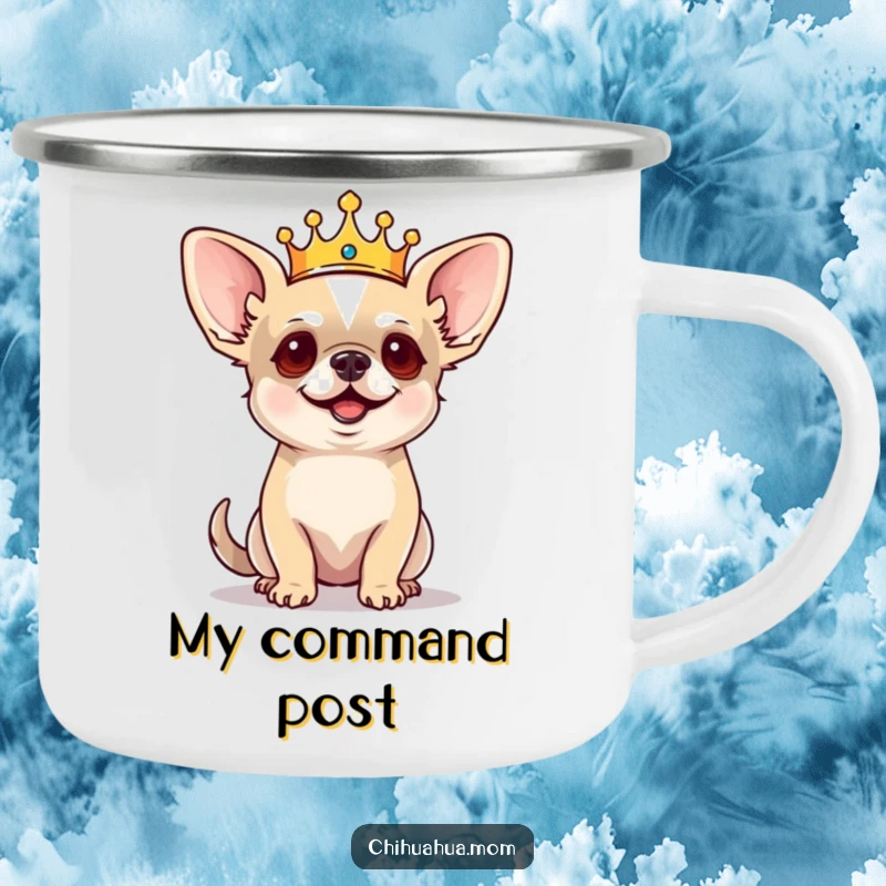 Funny Chihuahua Camping Mug: Tiny crowned dog barking commands by the campfire, durable outdoor drinkware, regal pet lover.