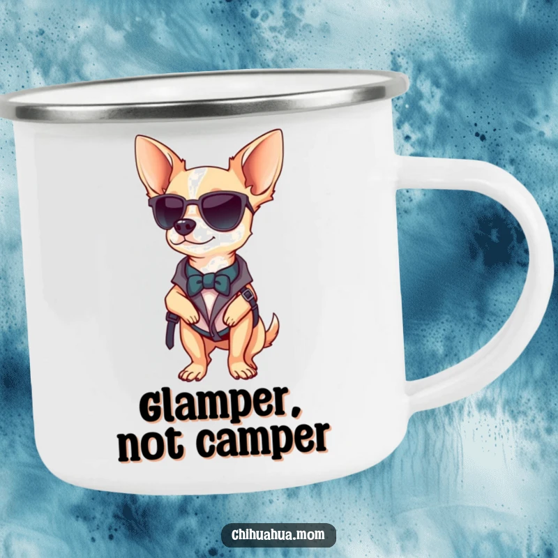 Funny Chihuahua camping mug with a stylish chihuahua posing confidently, ready for chic outdoor adventures.