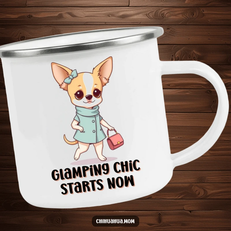 Funny fashionable chihuahua woman camping mug showing her strutting with a tiny purse, ready for chic outdoor adventures and coffee.