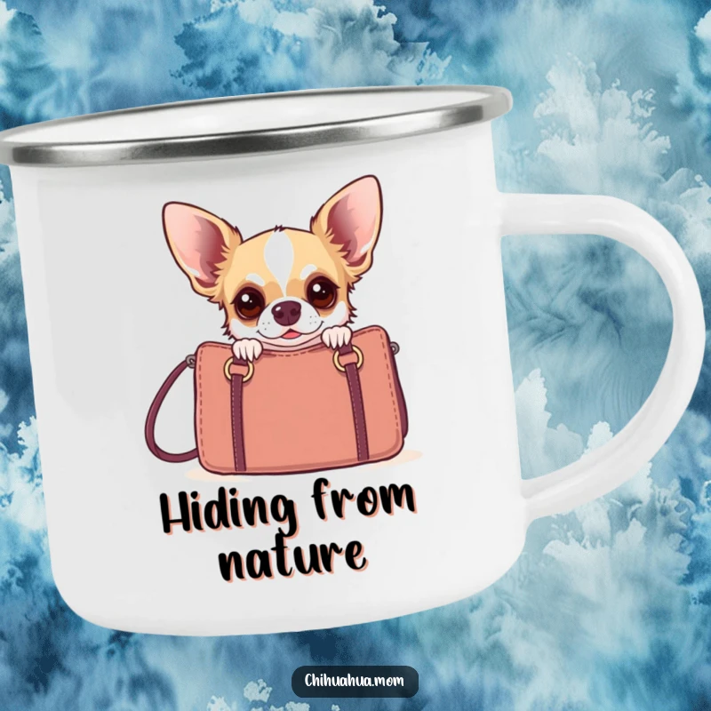 Funny startled chihuahua peeking from a designer handbag on a durable camping mug for outdoor fun.