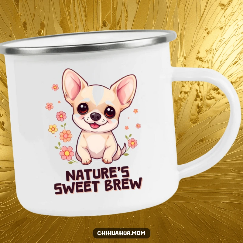 Funny Sweet Chihuahua Camp Mug: Smiling chihuahua surrounded by flowers on an adventure. Durable and humorous enamel mug.