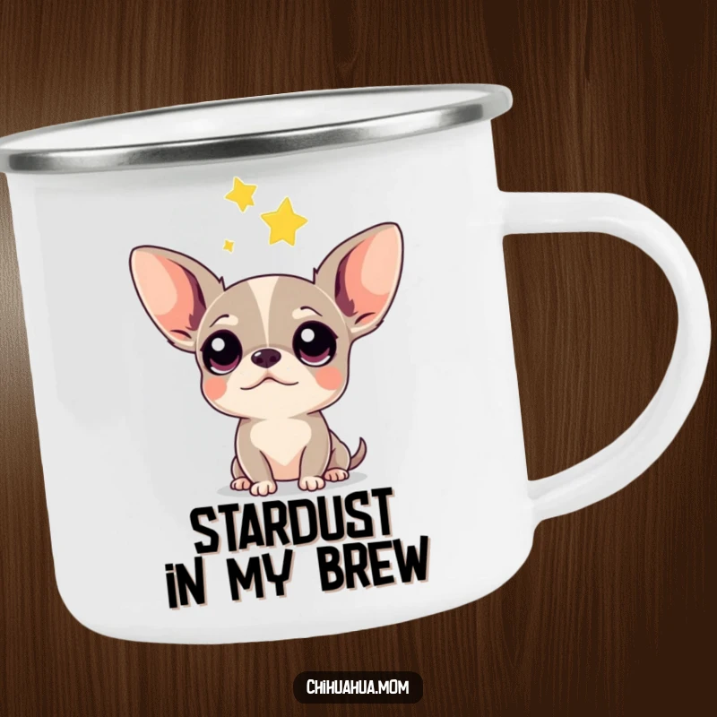 Funny Chihuahua Camping Mug: Enameled mug with a curious chihuahua watching a falling star, perfect for outdoor adventures.
