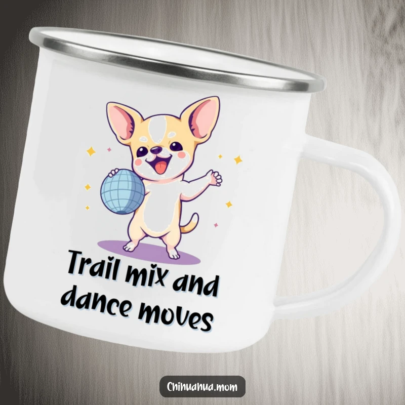 Funny Chihuahua Camping Mug: A chihuahua dancing with a tiny disco ball, perfect for sipping coffee by the campfire with a smile.