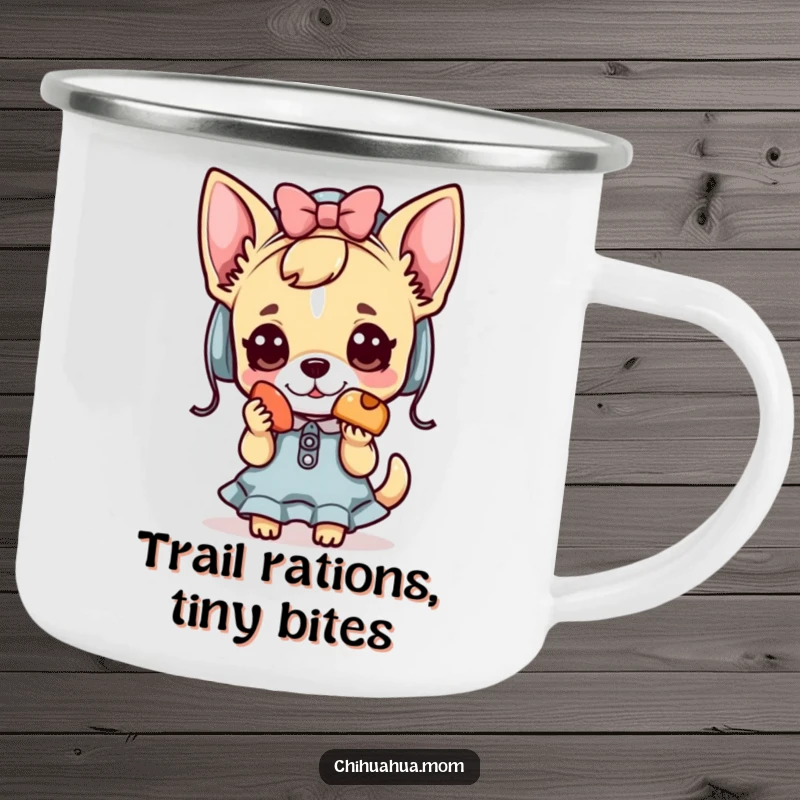 Funny Kawaii chihuahua lady camping mug with a character offering a treat, for outdoor enthusiasts.