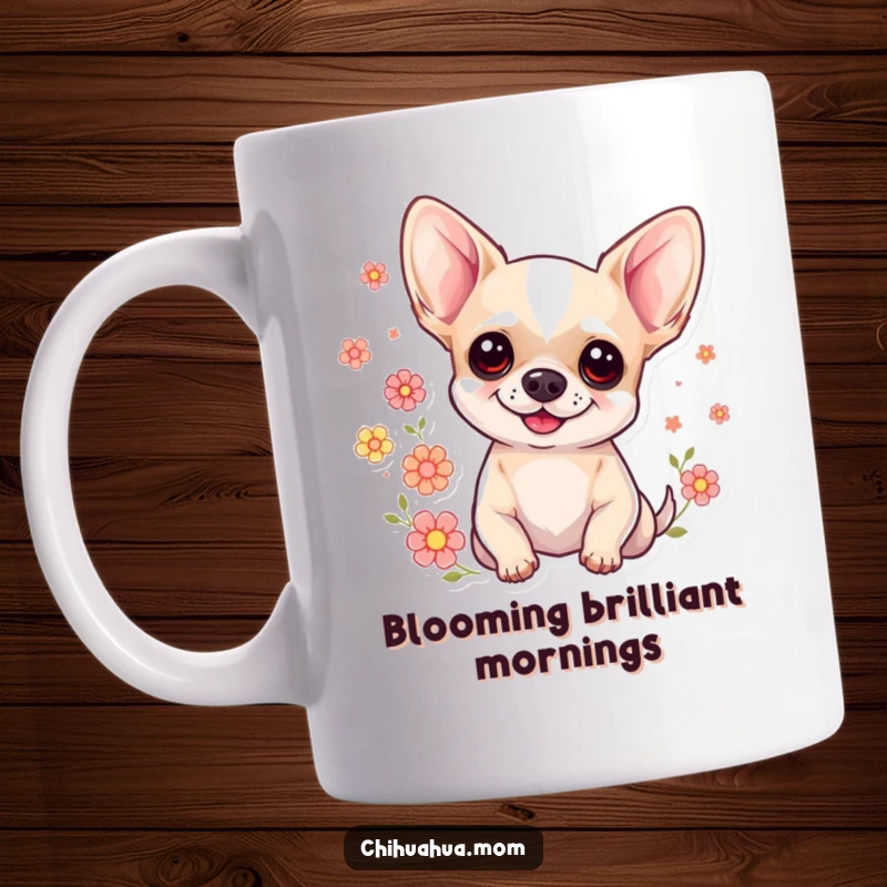 Funny Sweet Chihuahua Mug: A smiling chihuahua with delicate flowers floating around her. Adorable and joyful accessory.
