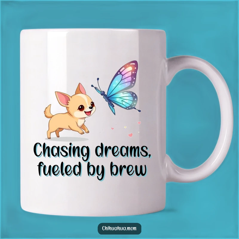 Funny Chihuahua Butterfly Chase Mug: Joyful Dog Adventure Gift!
