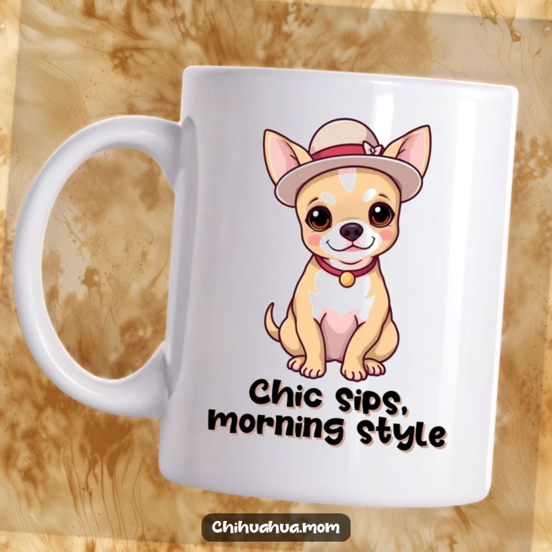 Funny mug featuring a chihuahua wearing a tiny, elegant hat and posing proudly, exuding sophistication.