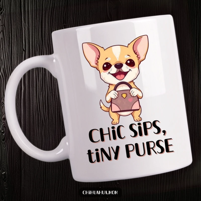 Funny Chihuahua Mug: A joyful chihuahua proudly holds a miniature designer handbag, showcasing high-fashion canine style. A chic funny gift.