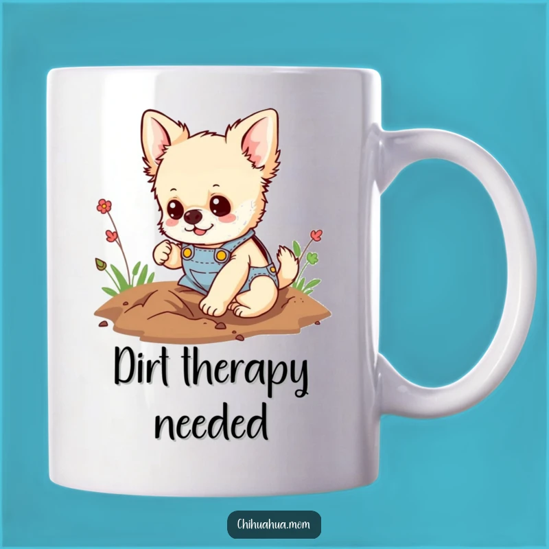 Funny Digging Chihuahua Mug: Happy Pup in Overalls Getting Down and Dirty