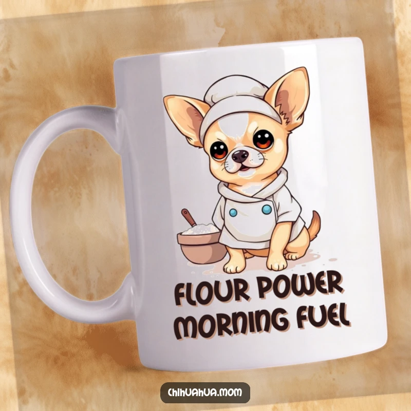 Funny Baker Chihuahua Mug showing a chihuahua covered in flour, looking proud of its baking, a truly funny kitchen accessory.