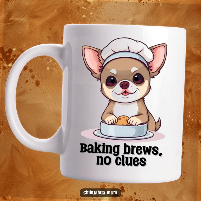 Funny Chef Chihuahua Mug: A dog in a chef hat bakes a tiny cookie. Hilarious and cute gift.