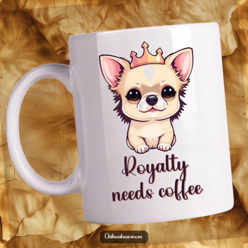 Funny Chihuahua mug showing a meticulously groomed chihuahua wearing a small, sparkling crown, exuding regal charm.