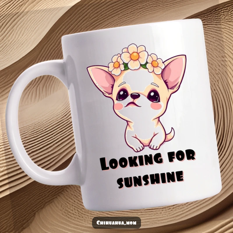 Funny Chihuahua Mug, wearing a delicate flower crown, gazing upwards with a peaceful, dreamy expression, embodying sweet serenity.