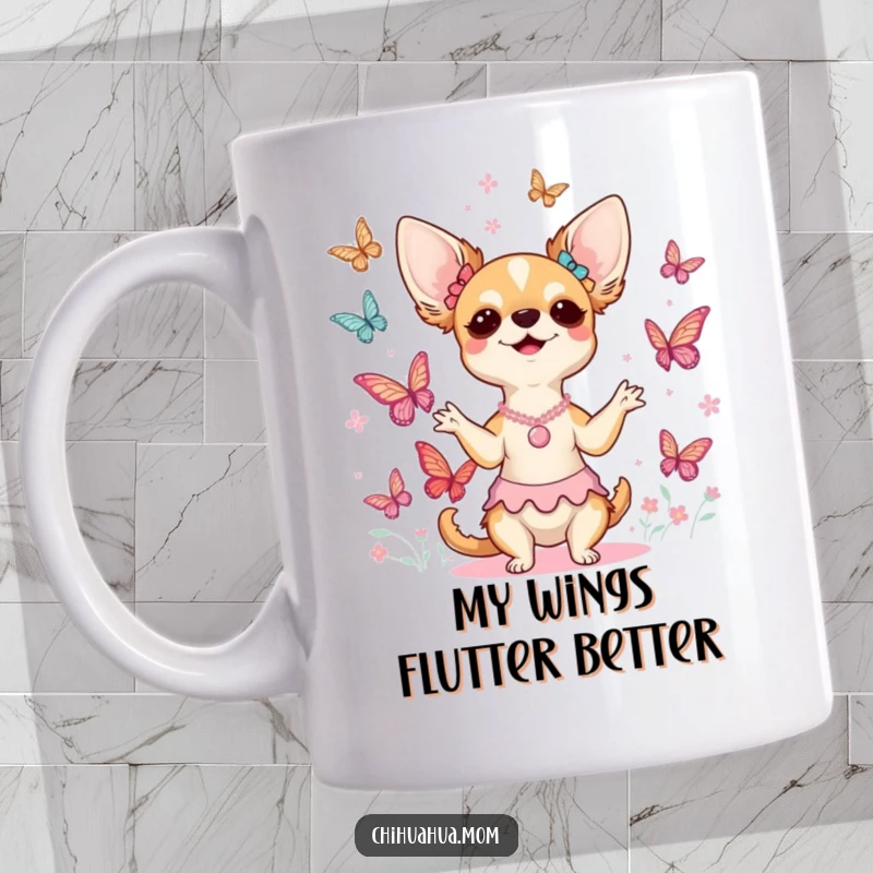Funny Chihuahua lady mug joyfully conducting a choir of colorful butterflies, celebrating the magic of tiny orchestrations with a cheerful expression.