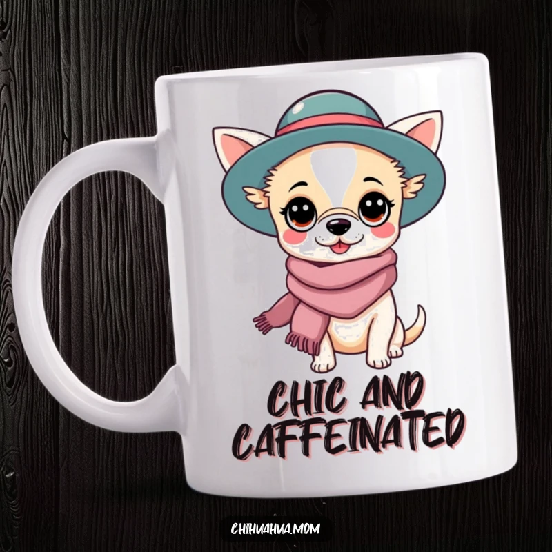 Funny Kawaii Chihuahua Lady Mug: A stylish character wearing a fashionable hat and scarf, embodying chic canine appreciation. Perfect funny gift.