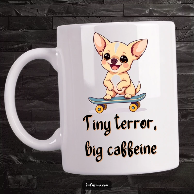 Funny Chihuahua Skateboarder Mug showing a happy dog in mid-trick on a tiny skateboard, a burst of pure joy.
