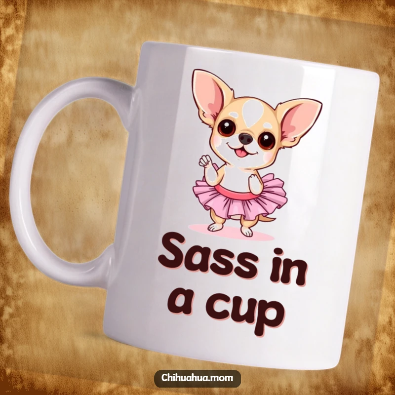 Funny chihuahua tutu mug. A chihuahua dog wearing a pink tutu attempts a sassy pose with a confident, playful expression, perfect for coffee lovers.