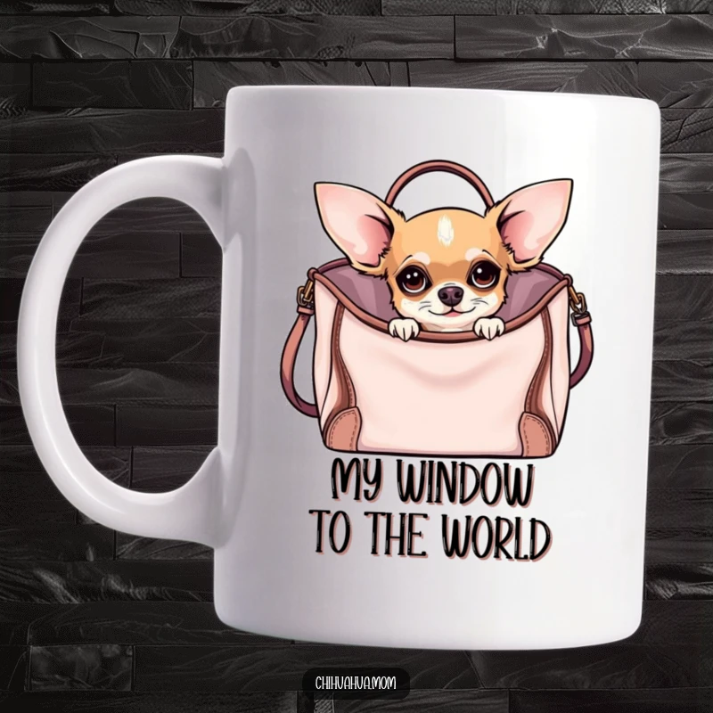 Funny Curious Chihuahua Mug featuring a chihuahua peeking out of a stylish handbag with wide, curious eyes, embodying funny, chic style.