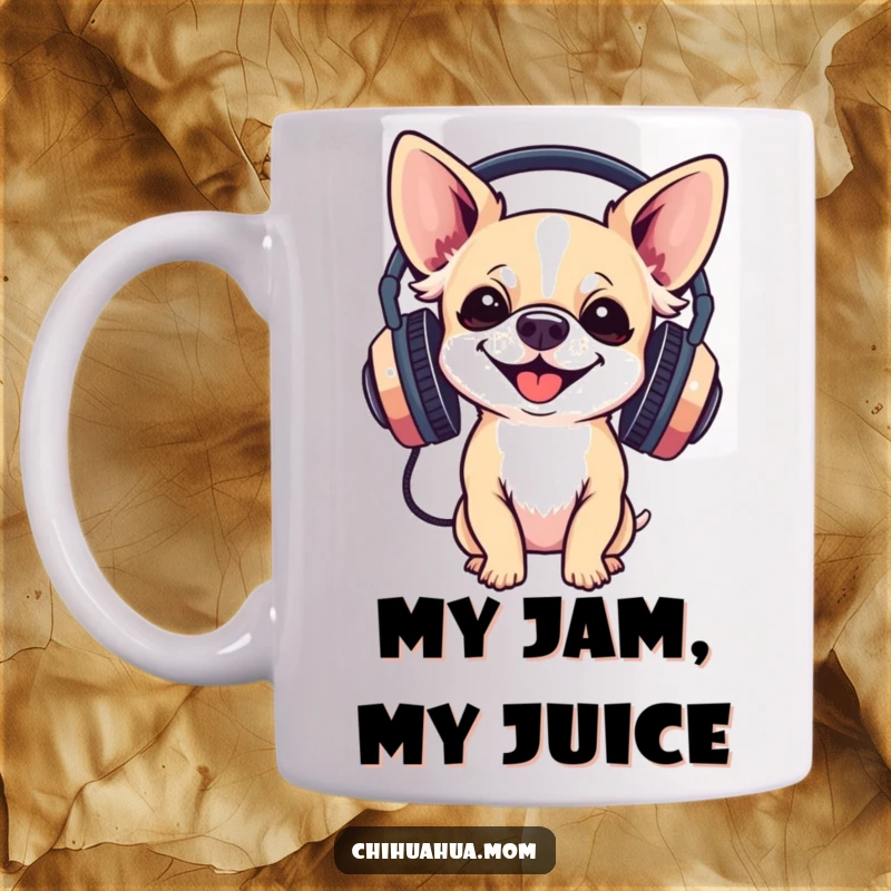 Funny Mug: a chihuahua gleefully wears large headphones, looking ready to DJ and enjoy some hilarious music.