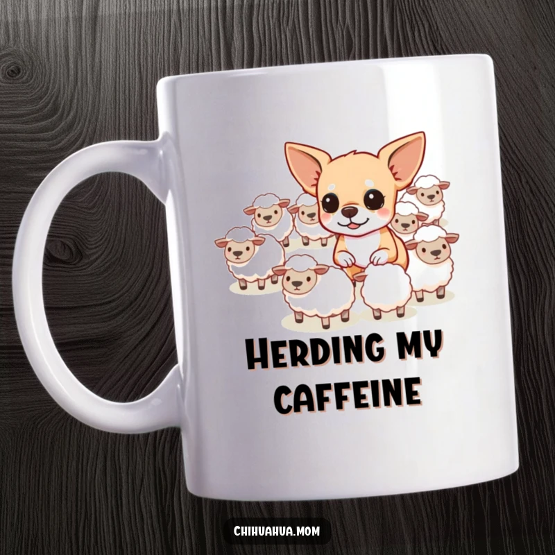 Funny determined chihuahua trying to herd tiny sheep on a coffee mug, showing focus and humor.