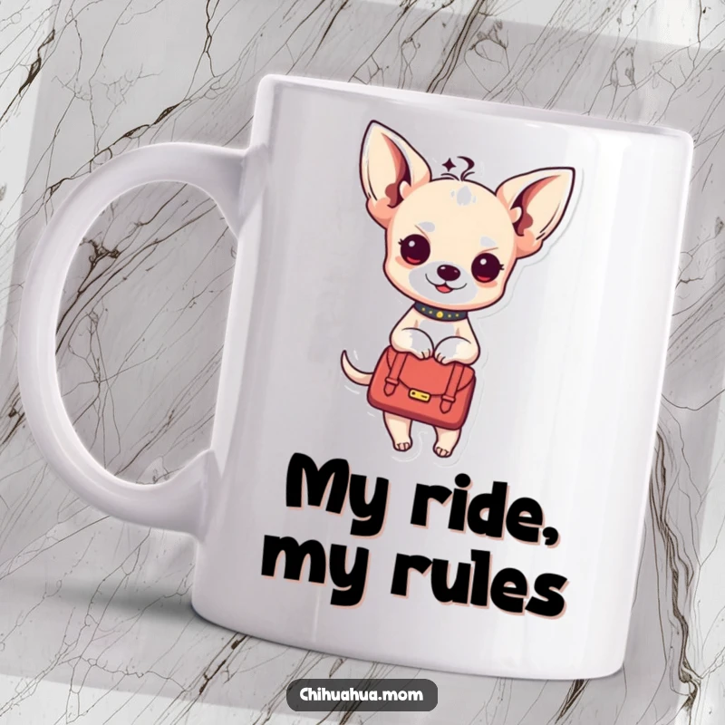 Funny Kawaii chihuahua lady mug featuring a cute character comfortably carried in a stylish handbag.