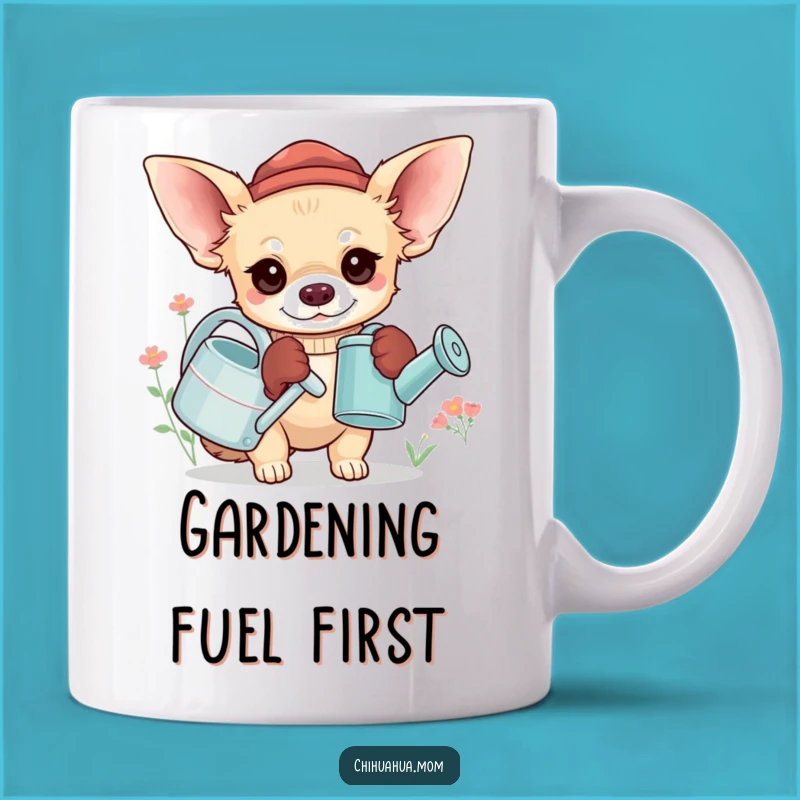 Funny Chihuahua Gardener Mug: Tiny Pup Tends Plants, Perfect Gift!