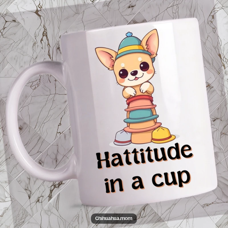 Funny chihuahua mug. A happy chihuahua balances a tall stack of colorful, tiny hats with impressive skill and a cheerful expression.