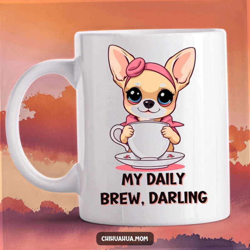Funny chihuahua in a stylish pose, holding a teacup like a supermodel, perfect for a chic and funny mug.