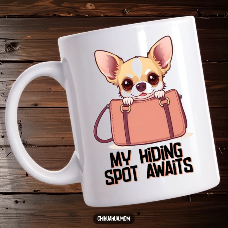Funny startled chihuahua peeking from behind a luxury handbag, expressing shock and humor on this mug.