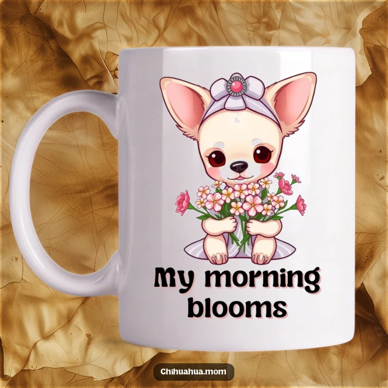 Funny pampered chihuahua lady mug receiving a beautiful bouquet of tiny flowers, showcasing her delight and luxurious appreciation.