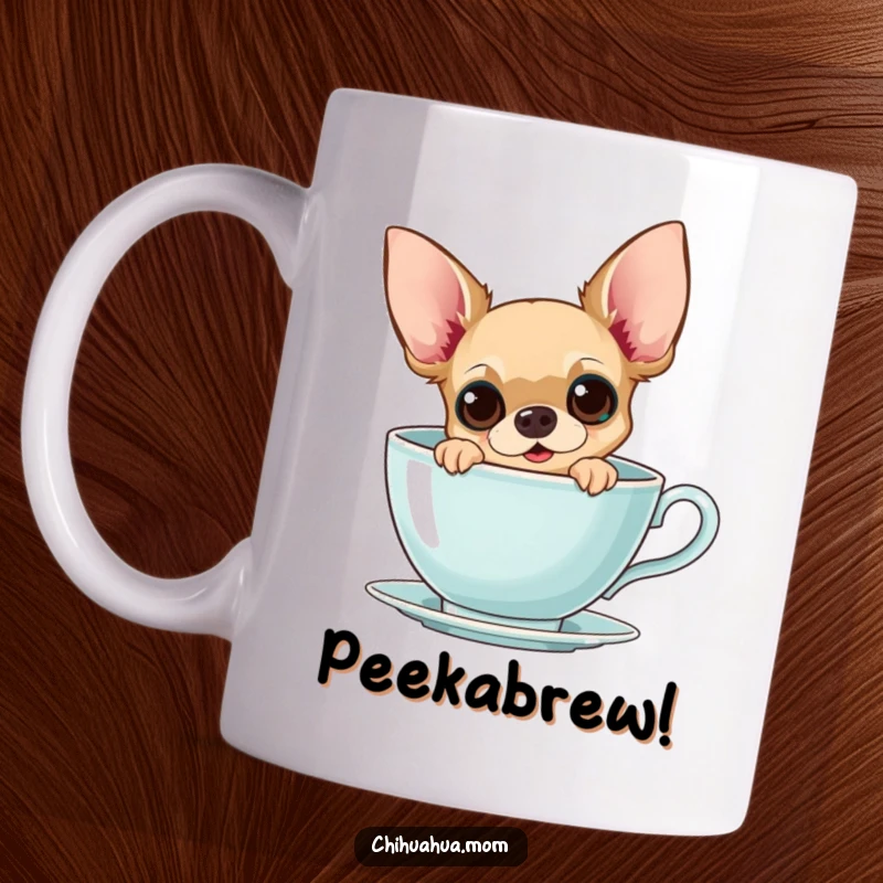 Funny Chihuahua Teacup Mug: A curious chihuahua peeks from a giant teacup with wide eyes, adorable and funny gift.