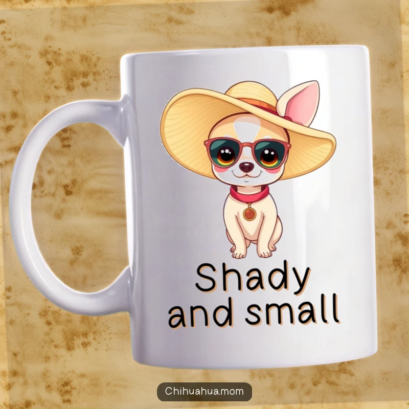 Funny chihuahua woman mug showing a tiny dog wearing a comically large sun hat. Captures a humorous and stylish portrait of a petite canine.