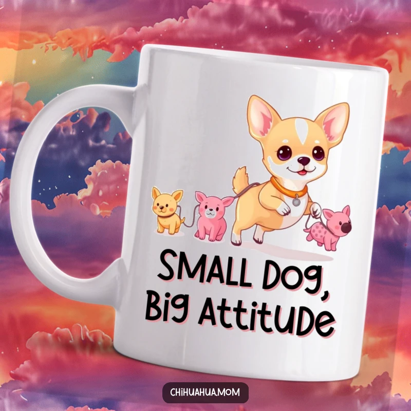 Funny mug showing a small chihuahua confidently walking, holding a leash attached to several miniature plush toys.