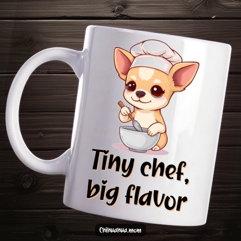 Funny Chihuahua Chef Mug, wearing a chef hat, diligently stirring a tiny bowl, a humorous culinary canine.