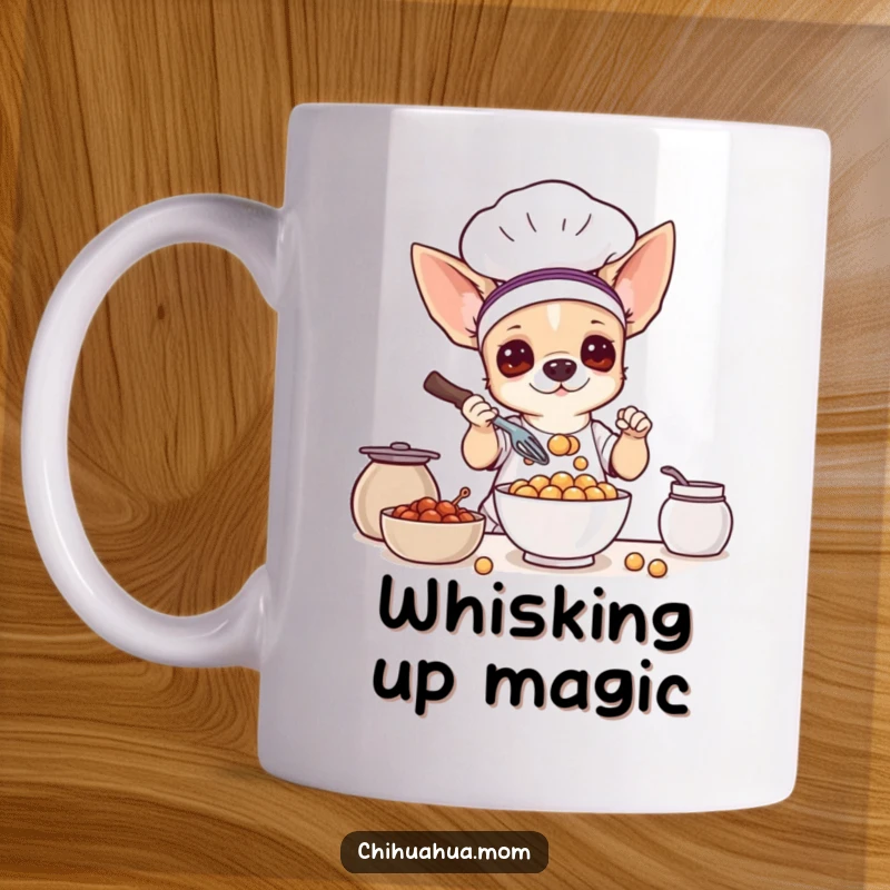 Funny mug illustration of a chihuahua dog as a chef, dramatically whisking a bowl of small treats.