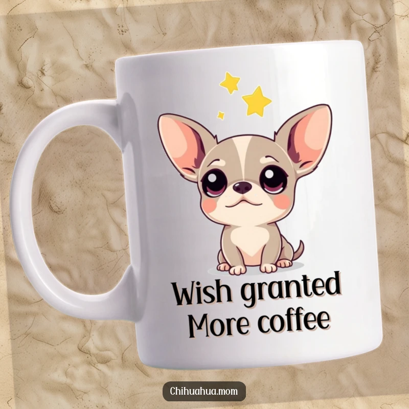 Funny Chihuahua Mug: Giant-eyed pup gazing with curiosity and wonder at a bright falling star, capturing a magical moment.