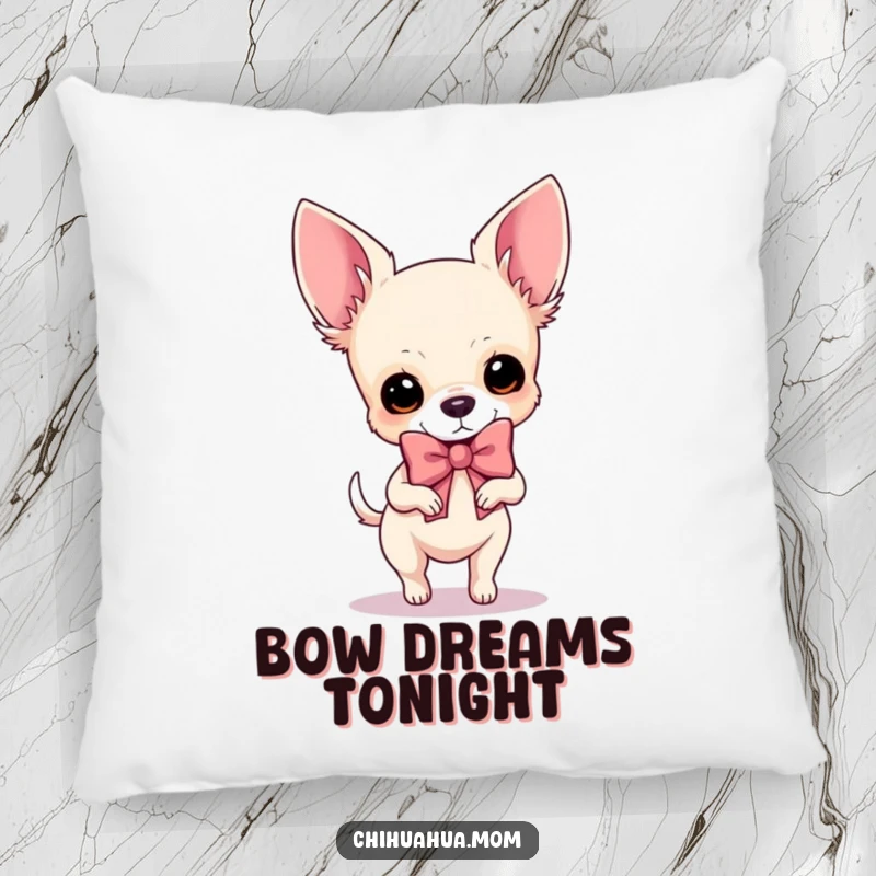 Funny Chihuahua Pillow: A stylish dog prances with a giant bow, adding a touch of glamour and humor to your decor.