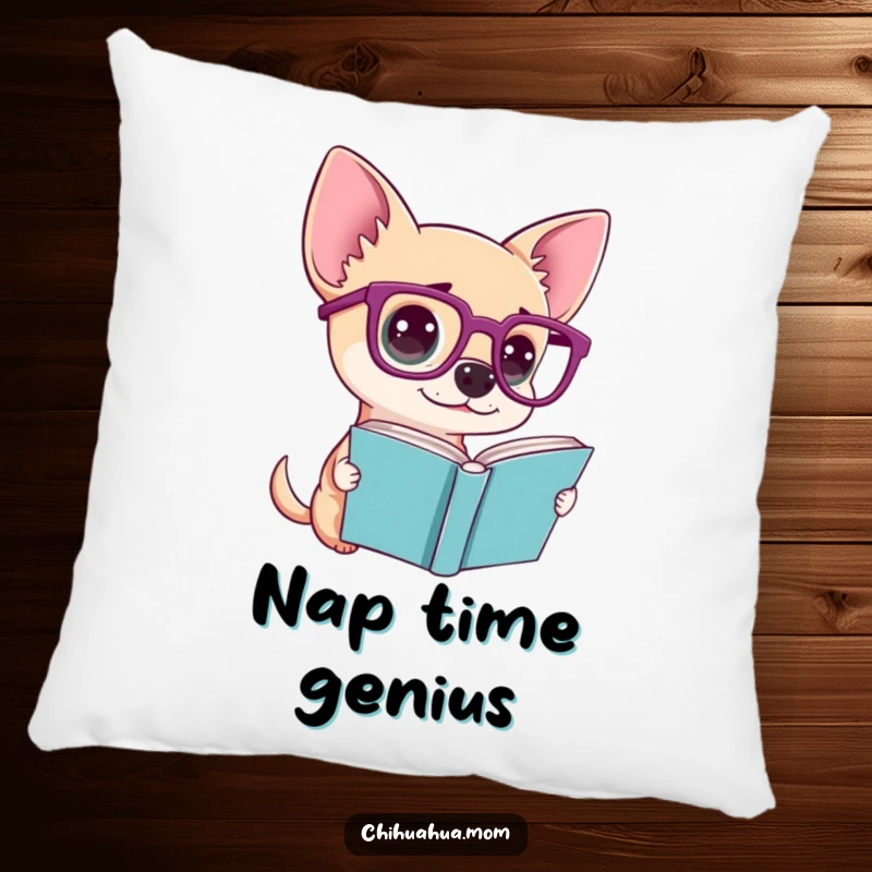 Funny pillow with a chihuahua wearing large glasses, looking confused at a book, offering comfort and humor.