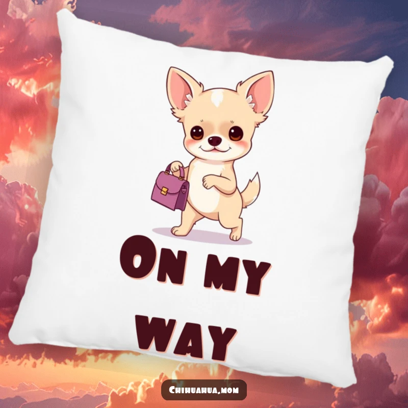 Funny pillow showcasing a chihuahua with a tiny handbag, exuding determination and chic humor, perfect for decorative accents.