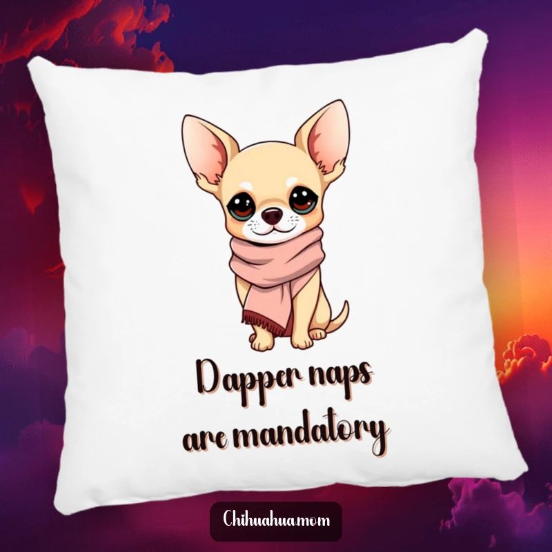 Funny Chihuahua Pillow: A chihuahua wearing a chic scarf, looking sophisticated and elegant. A chic funny gift.