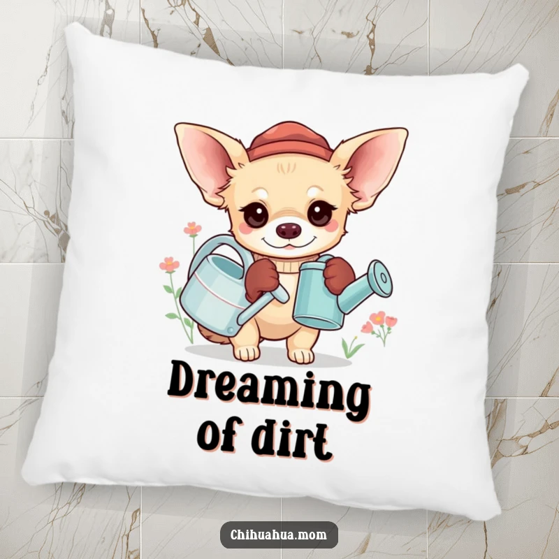 Funny Chihuahua Gardener Pillow: A chihuahua wears oversized gloves and holds a tiny watering can, gardening, cute gift.