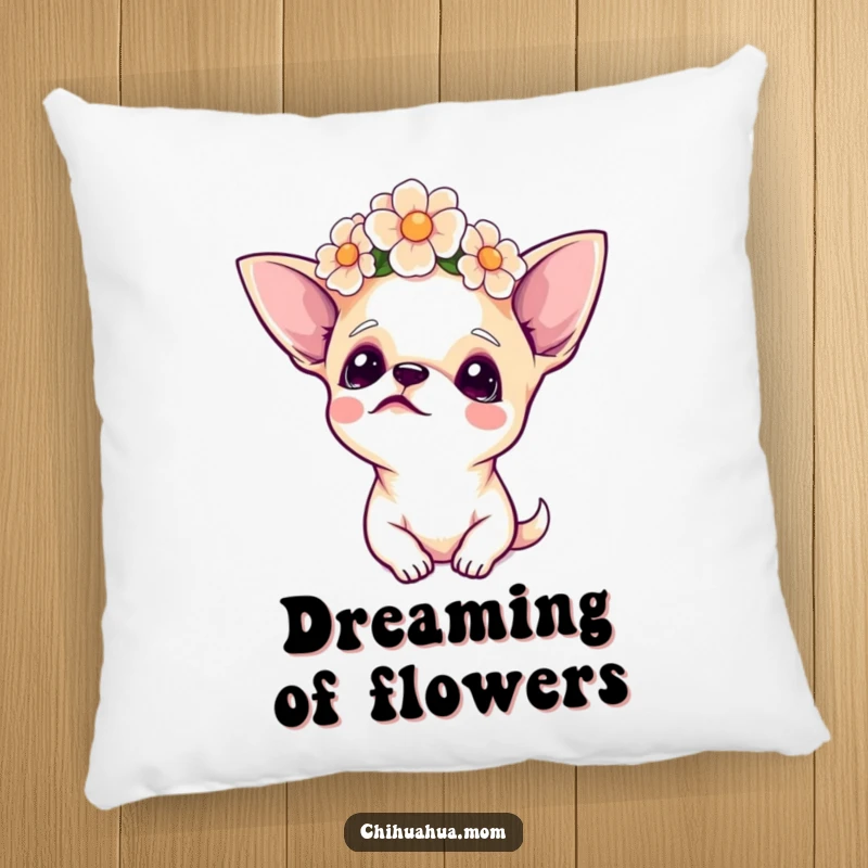 Funny Chihuahua Pillow, a chihuahua with a flower crown looks upwards, adding serene floral and canine charm to any room.