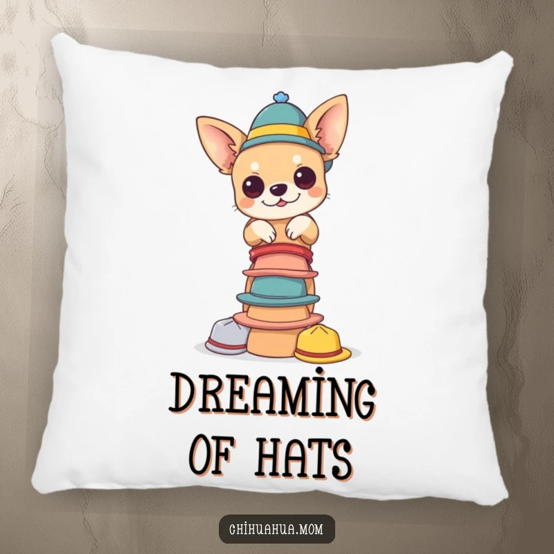 Funny chihuahua hat pillow. A chihuahua balances a tower of tiny hats, offering cozy comfort and a charmingly humorous decorative accent.
