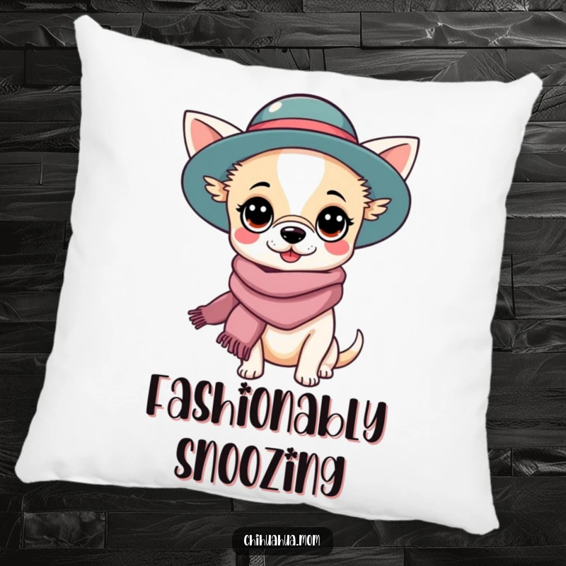 Funny Chihuahua Lady Pillow: A soft cushion featuring a kawaii character in a fashionable hat and scarf. Cozy funny gift.